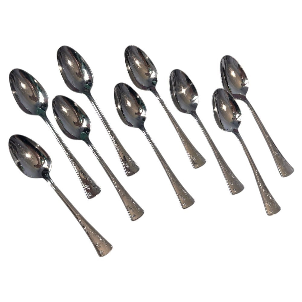 Pfaltzgraff Wyndham Stainless Steel Teaspoons Floral‎ Handle Set of 9 Vintage